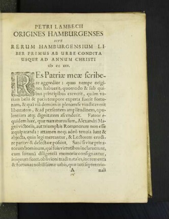 Origines Hamburgenses Sive Rerum Hamburgensium Liber Primus Ad ...