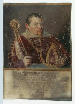 Bischof Georg : Chronicon episcoporum Verdensium. Georg von Braunschweig-Lüneburg, fol. 49r, Blattgold, Deckfarben auf Pergament; 17,1 x 13 cm (Blattgröße), 1558. Dresden: SLUB Mscr.Dresd.H.193