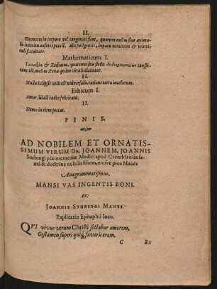 Ad Nobilem Et Ornatissimum Virum Dn. Joannem ... Anagrammatismus. Mansi Vas Ingentis Boni.