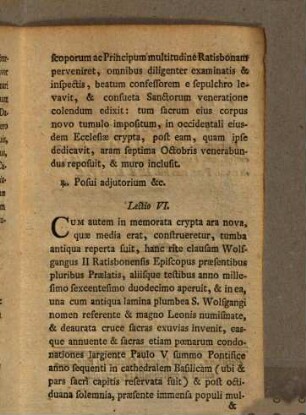 Die vii Octobris Festum Translationis S. Wolfgangi Episcopi Patroni Principalis Dioeceseos