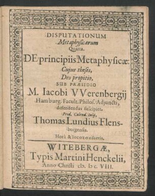 Disputationum Metaphysicarum Quarta. De principiis Metaphysicae