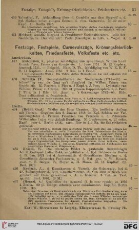 Festzüge, Festspiele, Carnevalszüge, Krönungsfeierlichkeiten, Friedensfeste, Volksfeste etc. etc (Nr. 432 - 505)