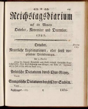 Reichstagsdiarium auf die Monate October, November und December. 1787.