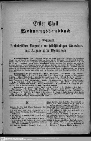 Einwohnerverzeichnis : I. Abschnitt. Alphabetischer Nachweis der selbständigen Einwohner mit Angabe ihrer Wohnungen.