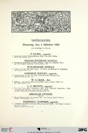 Versteigerung: Dienstag, den 1. Oktober 1912 von vormittags 10 Uhr ab (Nr. 1-177)