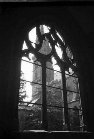 Basel: gotisches Fenster und Münsterturm