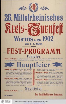 26. [Sechsundzwanzigstes] Mittelrheinisches Kreis-Turnfest Worms a.Rh. 1902 vom 2.-5.August. Fest-Programm...