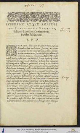 Parisiorum Senatui Iulianus Palmarius Constantinus Salutem Plurimum Dicit