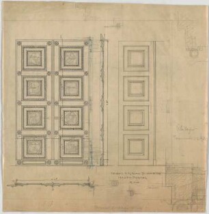 Thiersch, August ; München - Schwabing; Kath. Pfarrkirche St. Ursula - Hauptportal (Grundriss, Ansicht, Schnitt, Details)