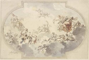 Viele Genien und Bacchanten schweben in Wolken