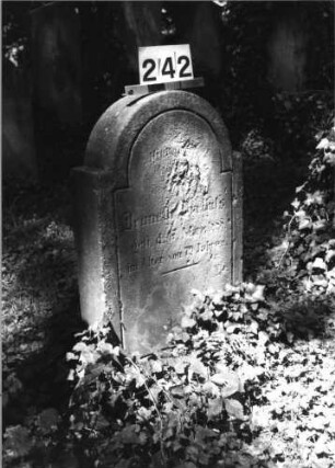 Grabstein 242 (Index: 100085063) Maße HxBxT: 78x47x13 cm Beschreibung: Stele, eingezogener Rundbogenabschluß: Grabstein 242