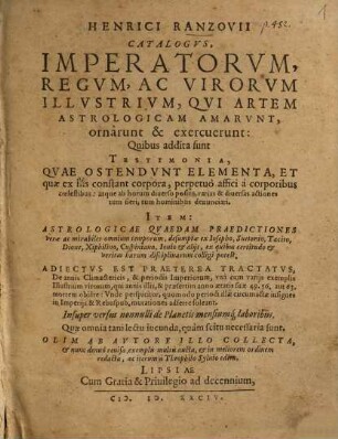 Henrici Ranzovii Catalogvs, Imperatorvm, Regvm, Ac Virorvm Illvstrivm, Qvi Artem Astrologicam Amarvnt, ornârunt & exercuerunt