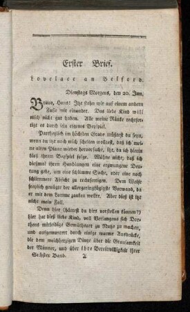 Erster Brief. Lovelace an Belford. - Sechster Brief. Lovelace an Belford.