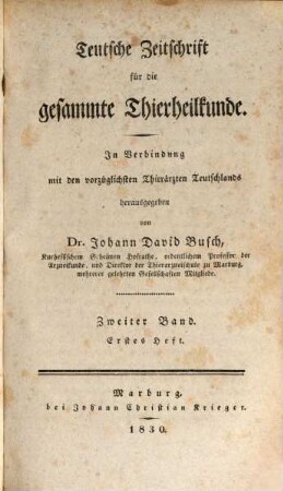 Teutsche Zeitschrift für die gesammte Thierheilkunde, 2. 1831