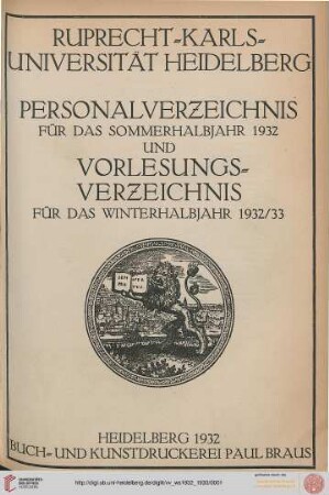 Personalverzeichnis und Vorlesungsverzeichnis: Personalverzeichnis für das Sommerhalbjahr 1932 und Vorlesungsverzeichnis für das Winterhalbjahr 1932/33