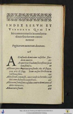 Index Rerum eEt Verborum Quae In his commmentariis in consuetudines feudorum continentur.