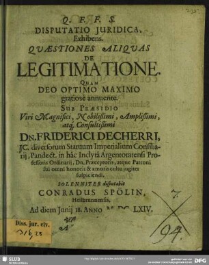 Disputatio Juridica, Exhibens. Qvaestiones Aliqvas De Legitimatione