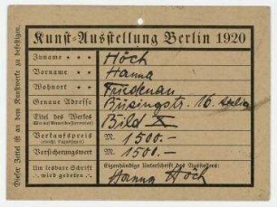 Kunstausstellung Berlin 1920. Bildanhänger. Mit Namen, Adresse und Unterschrift von Hannah Höch