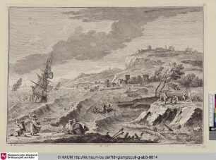 [Sturm über einer Küstenlandschaft mit Segelschiffen]