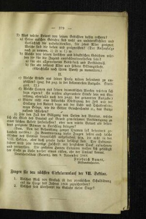 Fragen für den nächsten Cirkularumlauf der VII. Sektion