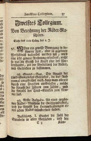 Zwelftes Collegium. Von Berechnung der Räder-Maschinen.