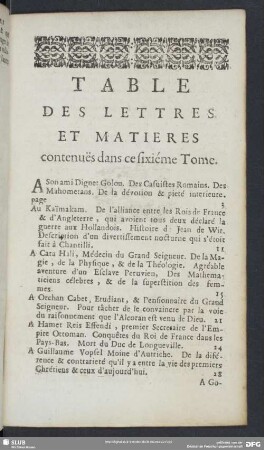 Table Des Lettres Et Matieres contenues dans ce sixiéme Tome