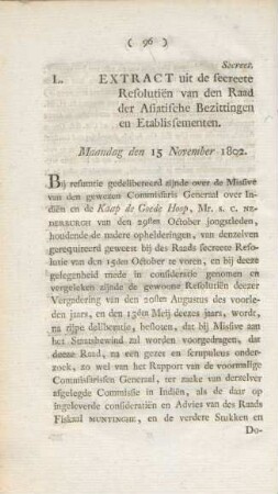 L. Secreet. Extract uit de secreete Resolutien van den Raad der Asiatische Bezittingen en Etablissementen