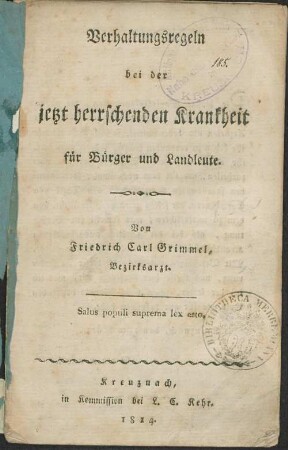 Verhaltungsregeln bei der jetzt herrschenden Krankheit für Bürger und Landleute