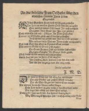 An die betrübte Frau Oelhafin/ über den tödtlichen Hintritt Ihres lieben Ehegemahls.