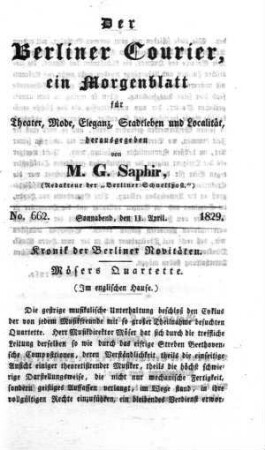 No. 662., Sonnabend, den 11. April 1829