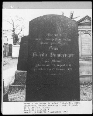 Grabstein der Frieda Bamberger (gestorben 1907.02.17) (geborene Strauß)