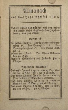 Almanach auf das Jahr Christi 1801.