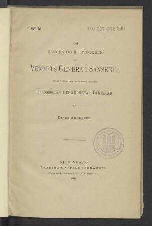 Om brugen og betydningen af verbets genera i Sanskript, oplyst især ved undersøgelser om sprogbrugen i Chandogya-Upanishad