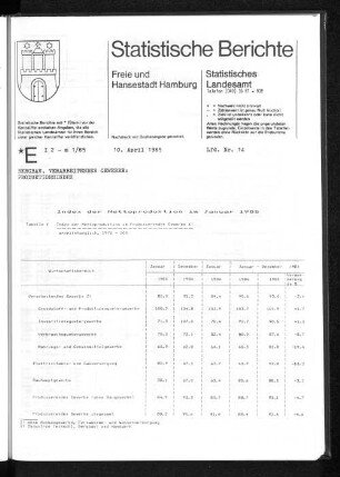 Index der Nettoproduktion im Januar 1985 : Lfd. Nr. 14