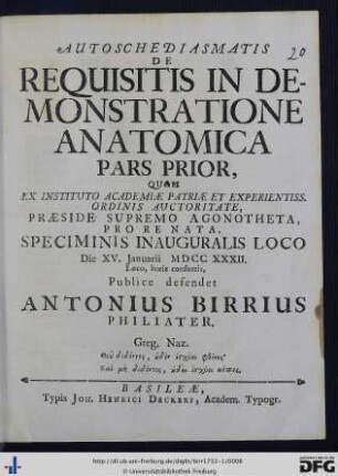 Pars Prior: Autoschediasmatis De Requisitis In Demonstratione Anatomica