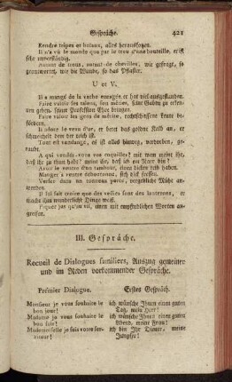 III. Gespräche. Recueil de Dialogues familiers, Auszug gemeiner und im Reden vorkommender Gespräche.
