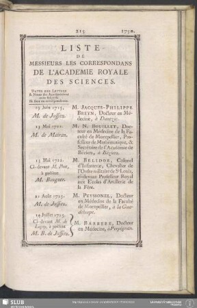 Liste De Messieurs Les Correspondans De L'Académie Royale Des Sciences