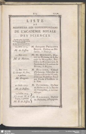 Liste De Messieurs Les Correspondans De L'Académie Royale Des Sciences