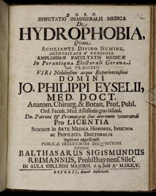 Disputatio Inauguralis Medica De Hydrophobia