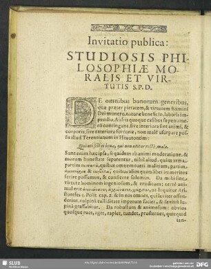 Invitatio publica: Studiosis Philosophiae Moralis Et Virtutis S.P.D.