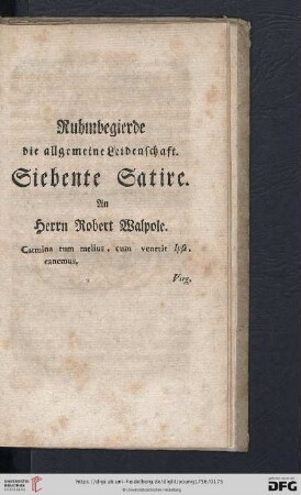 Siebente Satire: An Herrn Robert Walpole