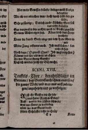 Scena XVII. Teuffels-Chor/ berahtschlaget im Grimme/ daß Gottesfurcht ihnen entrissen ...