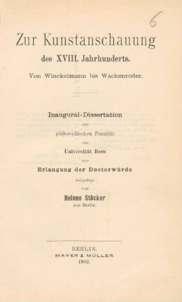 Zur Kunstanschauung des XVIII. Jahrhunderts : von Winckelmann bis Wackenroder