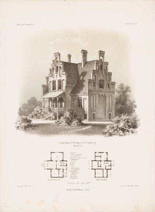 Bürgermeisterwohnung, Lütjenburg: Grundrisse, Perspektivische Ansicht (aus: Architektonisches Skizzenbuch, H. 45/2, 1860)
