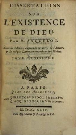 Dissertations Sur L'Existence De Dieu, 3