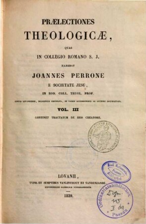 Praelectiones theologicae, 3. De deo creatore
