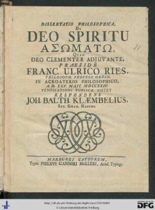 Dissertatio Philosophica, De Deo Spiritu Asōmatō