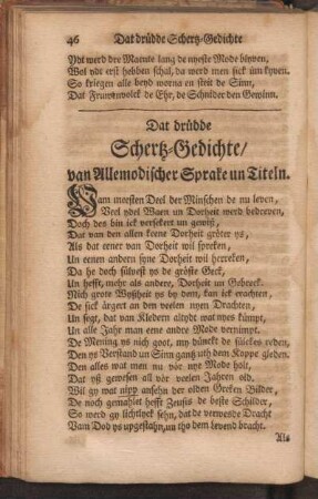 Dat drüdde Schertz-Gedichte/ van Allemodischer Sprake un Titeln