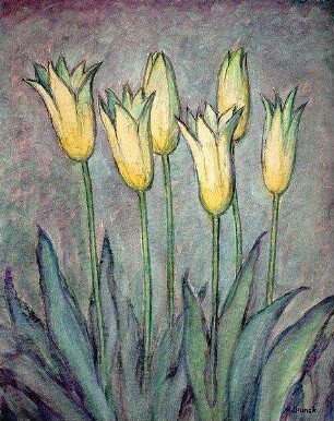 Sechs gelbe gefiederte Tulpen