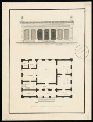 Schützenhaus Monatskonkurrenz Mai 1832: Grundriss Erdgeschoss, Aufriss Vorderansicht; Maßstabsleiste